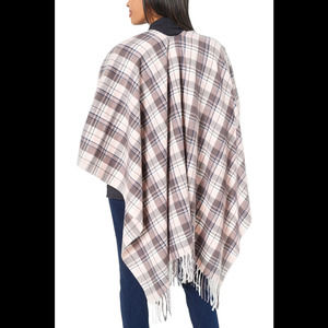 Belle by Kim Gravel Plaid Ruana (Wrap) with Fringe Trim Lt Pink/Grey Plaid